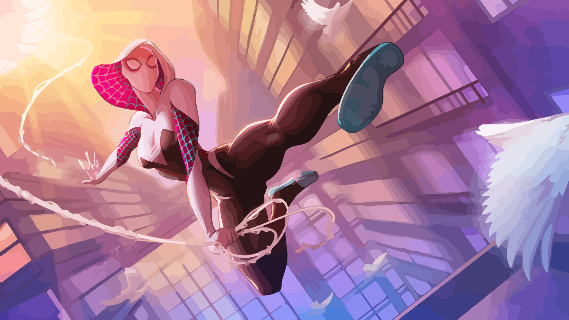 A beautiful shot of Spider Gwen, swinging majestically in the golden sunshine Wallpaper
