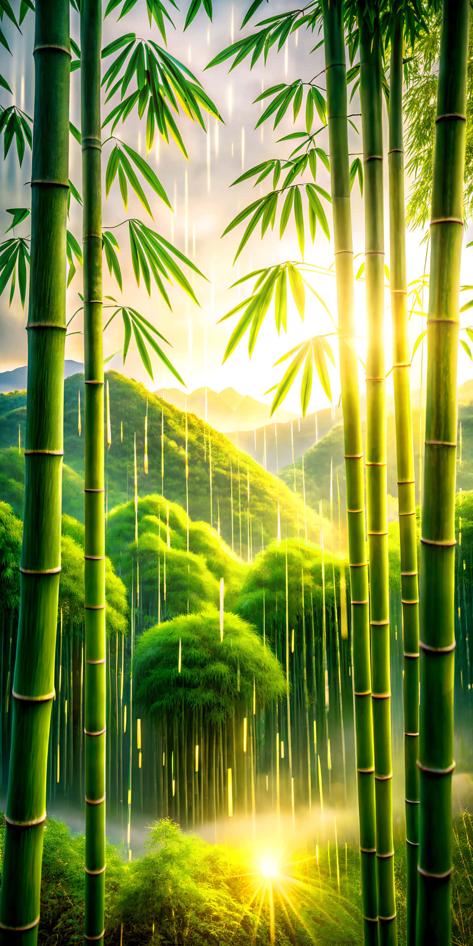 Sunshower Piercing A Bamboo Grove With Light Refracting Through Raindrops Wallpaper