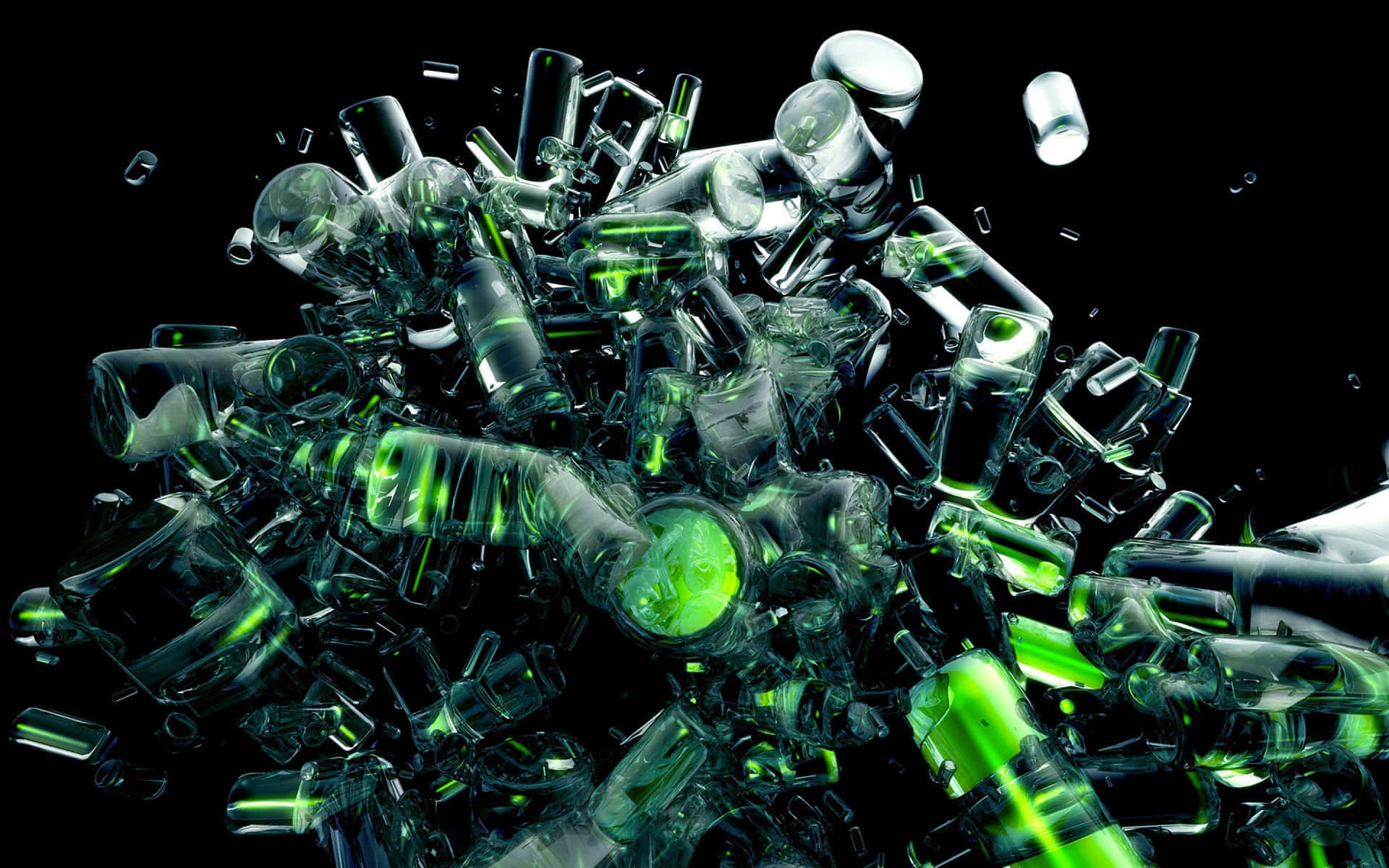 Grønne glasflasker falder ned på en sort baggrund Wallpaper