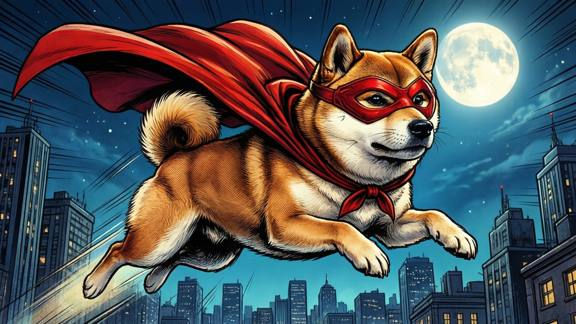 Doge som superhelt som flyr over byen, tegneseriestil bakgrunnsbilde.