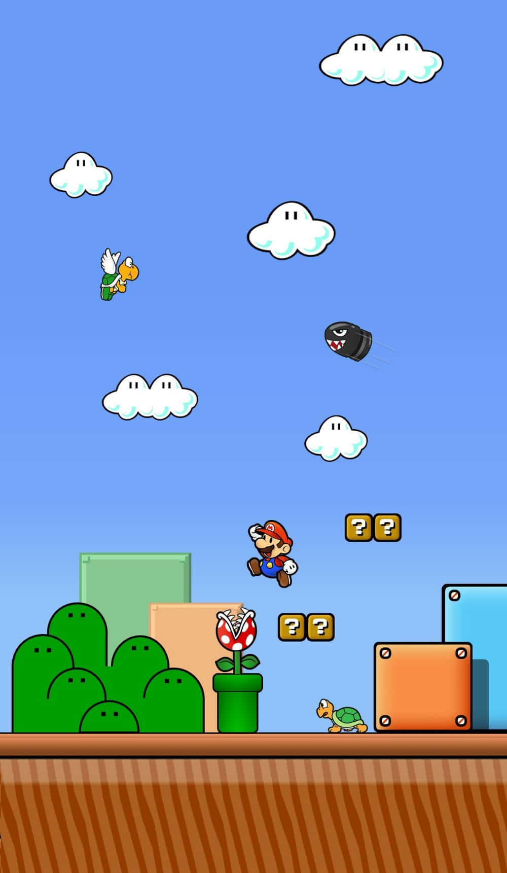 Super Mario and Luigi soaring through a classic Super Mario Bros 3 level Wallpaper