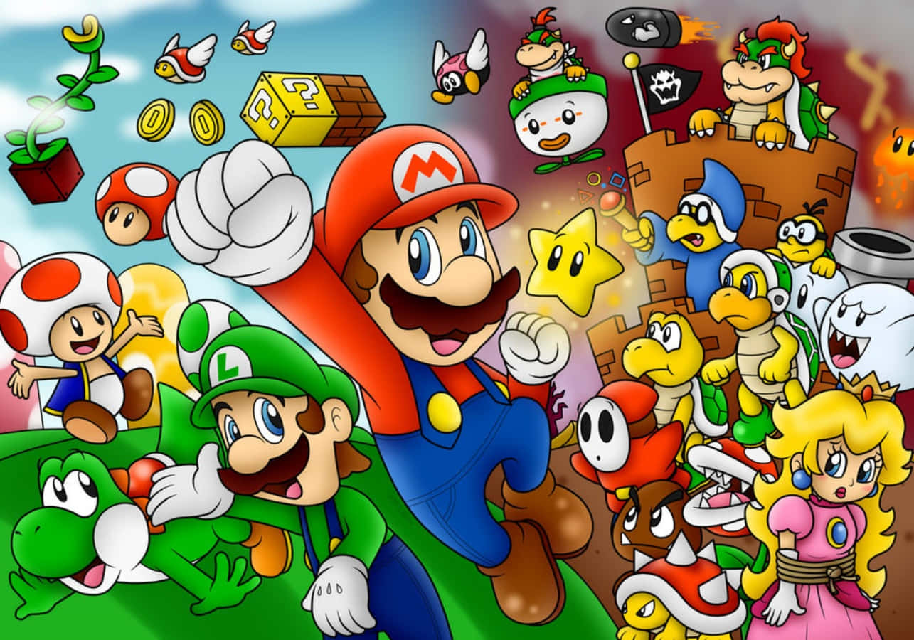 A joyful gathering of iconic Super Mario characters Wallpaper