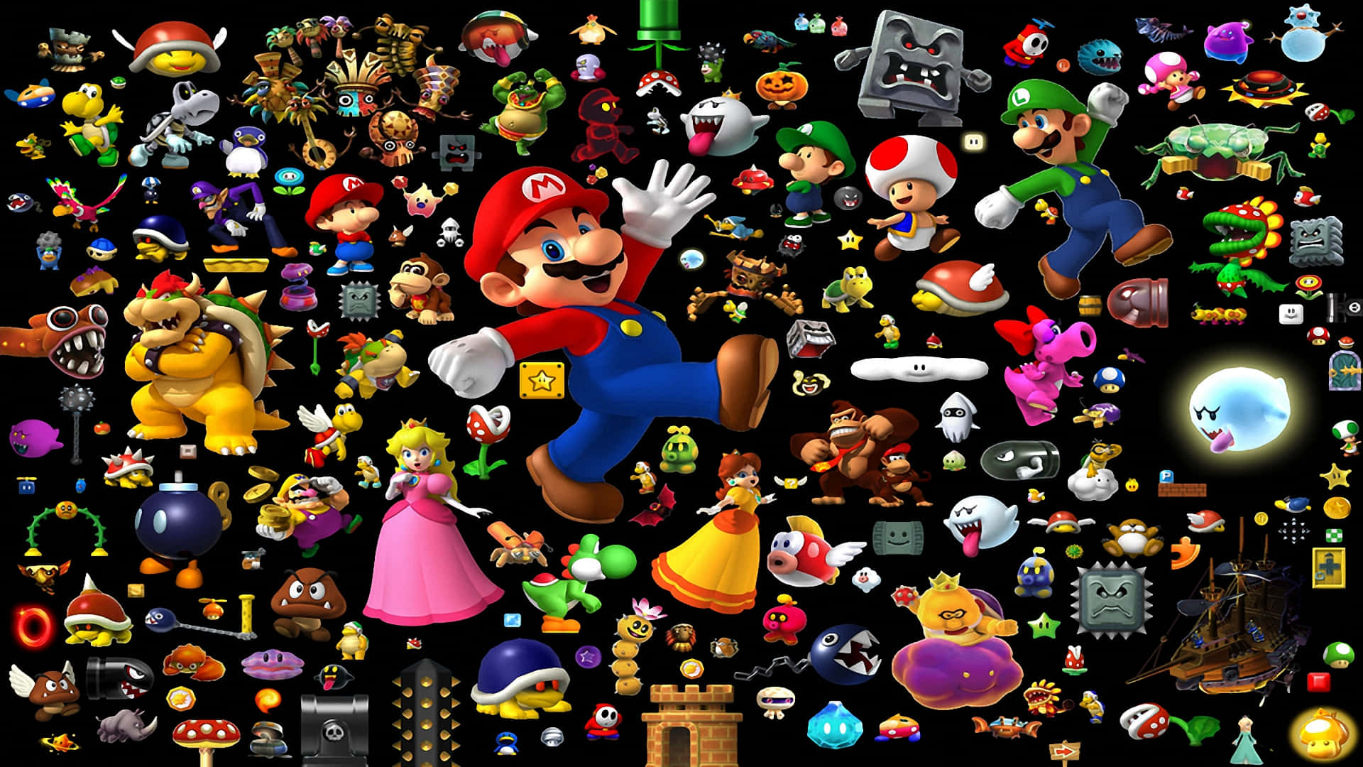 Losicónicos Personajes De Super Mario Se Reunieron Todos Juntos. Fondo de pantalla