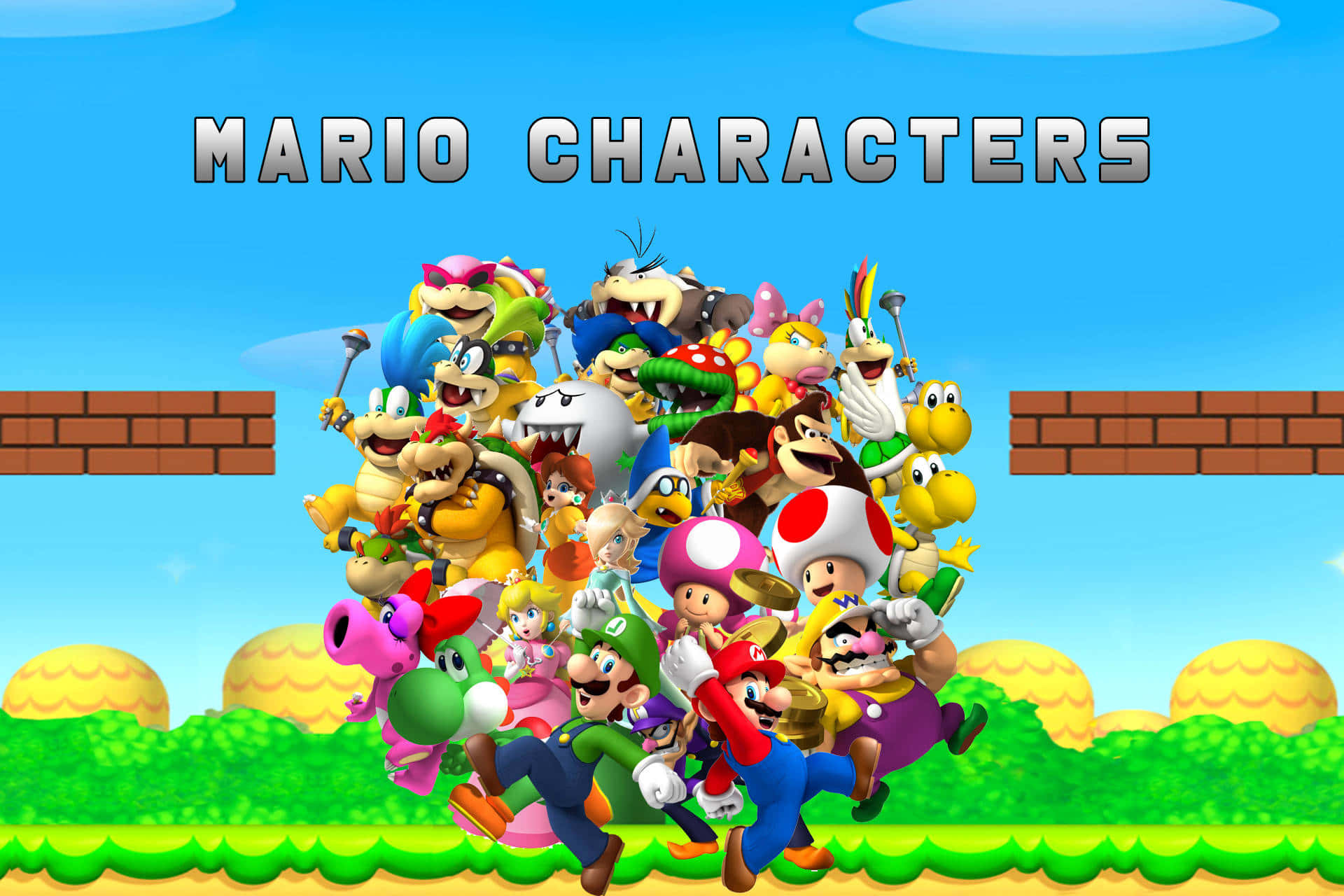 Super Mario Characters Assembled in a Colorful Group Wallpaper