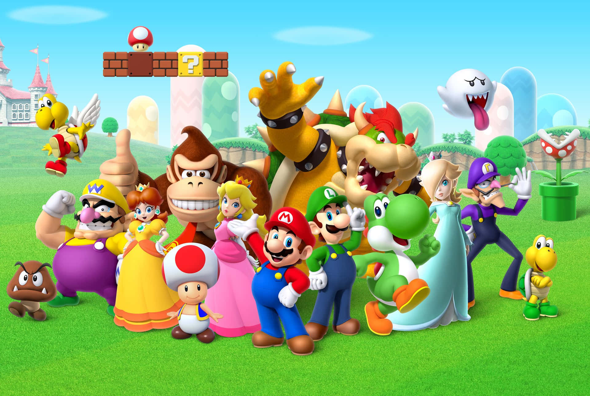 Iconic Super Mario Characters Group Photo Wallpaper