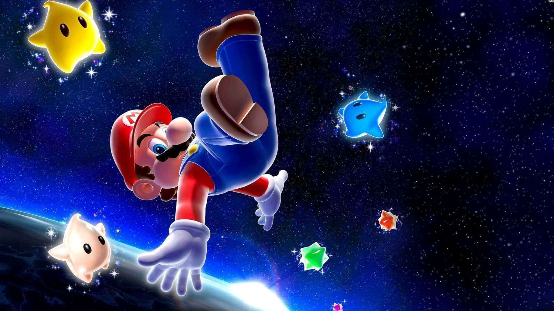 Följmed Mario På En Pixelerad Resa Genom Rymden! Wallpaper