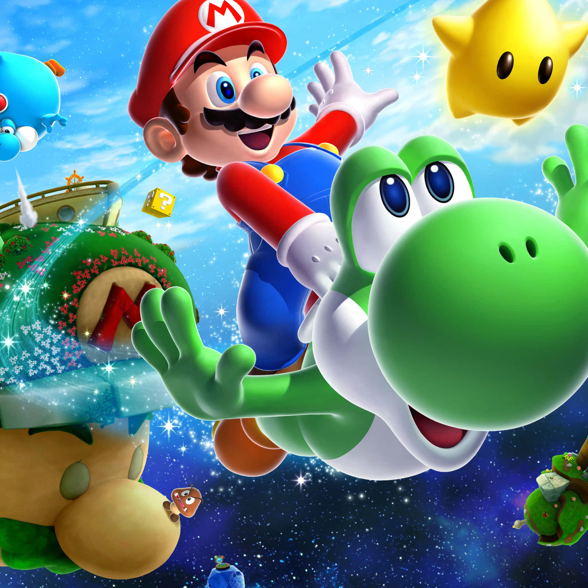 Mario journeys across galaxies through a starry journey Wallpaper