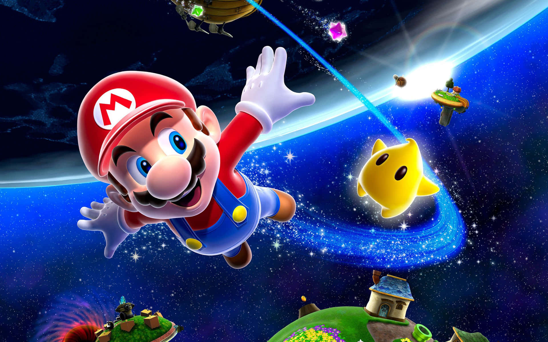 Mario Soars Across the Galaxy in a Wild Adventure Wallpaper