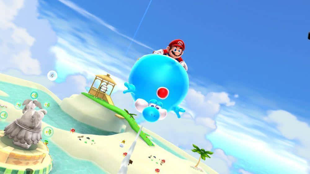 Super Mario and Yoshi leap through space in Super Mario Galaxy 2 Wallpaper