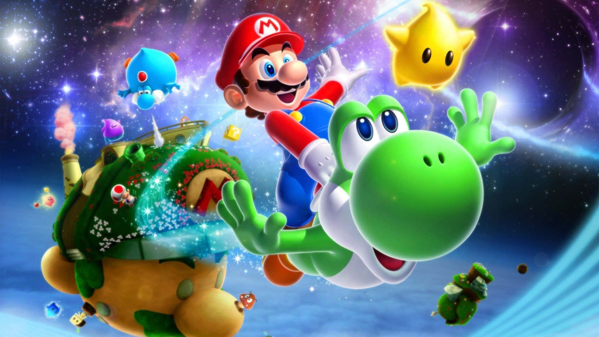 Mario flying through space as he embarks on his journey in Super Mario Galaxy Wallpaper