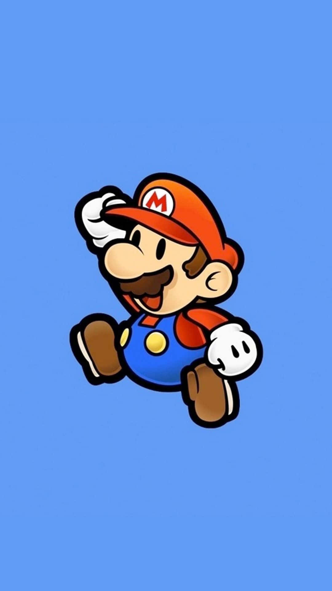 Unpersonaje De Nintendo Mario Está Corriendo Sobre Un Fondo Azul. Fondo de pantalla