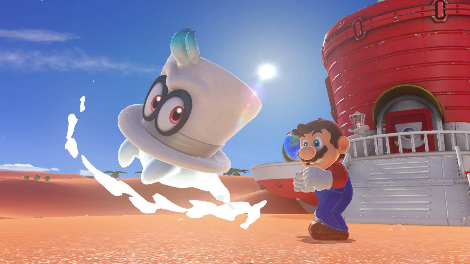 Super Mario Odyssey Cappy Flyver Væk Fra Mario Wallpaper