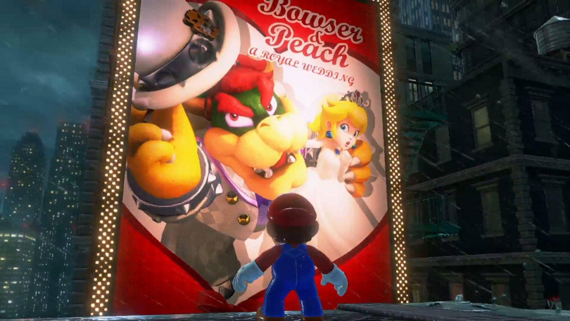 Super Mario Odyssey Mario In Front Of Wedding Billboard Wallpaper