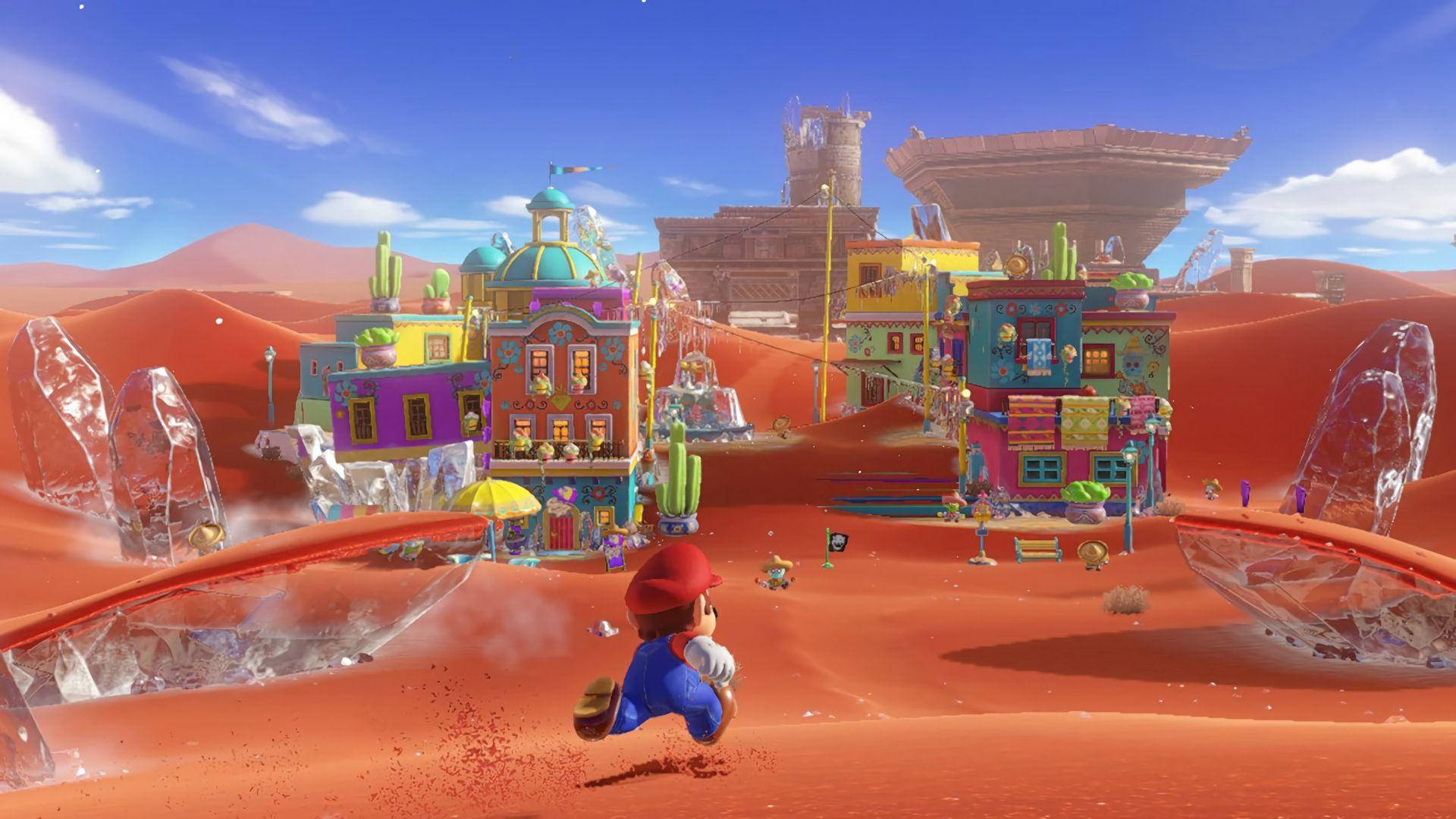 Super Mario Odyssey Mario Running To Sand Kingdom Wallpaper