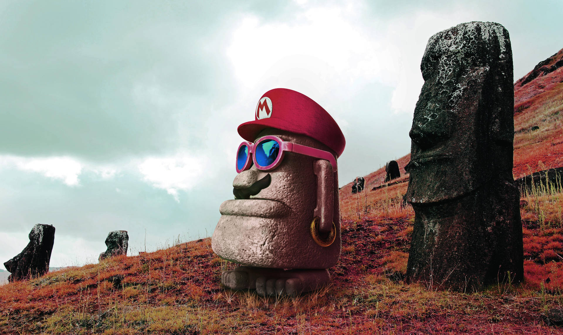Supermario Odyssey Moe-eye Med Moai-statyer. Wallpaper