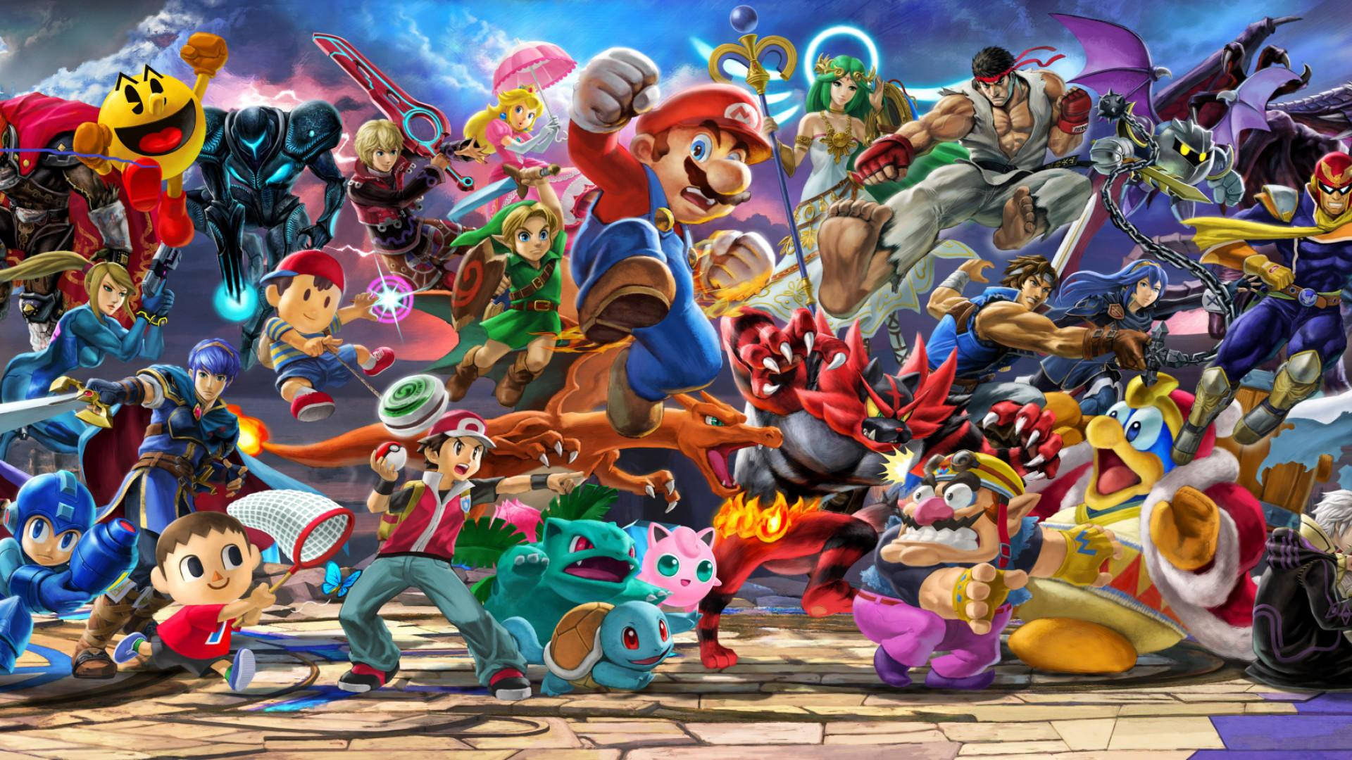 A group of characters from Super Smash Bros Ultimate ar ready to brawl. Wallpaper