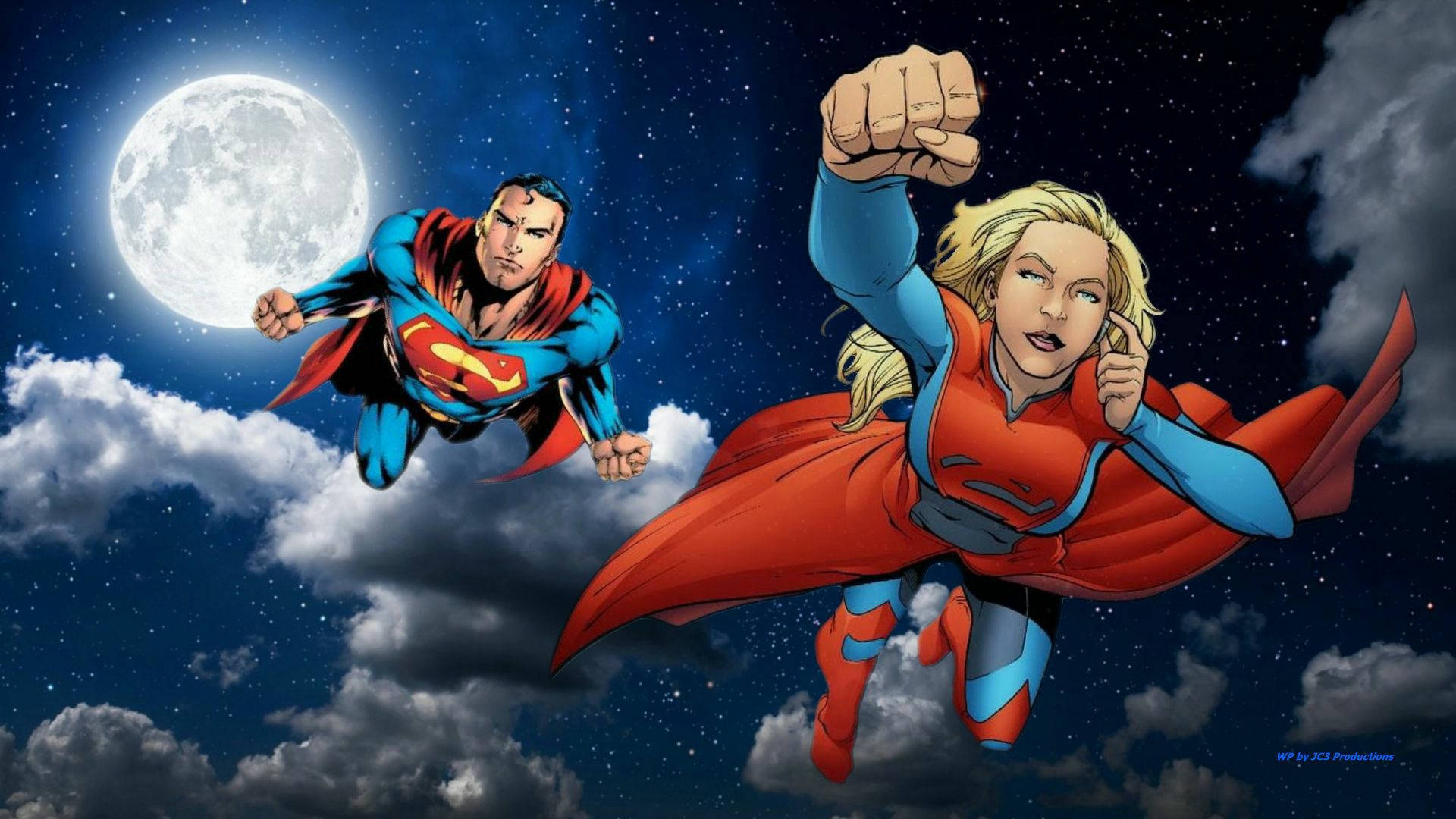 Supergirl And Superman Above Clouds Background