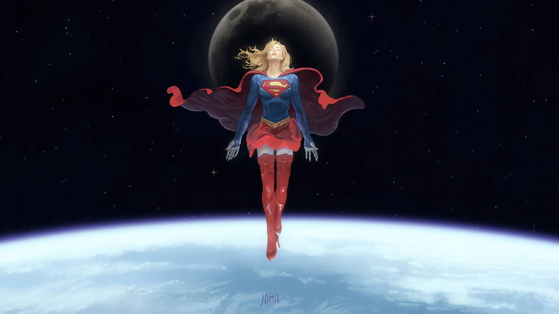 Supergirl Floating Above Earth Background