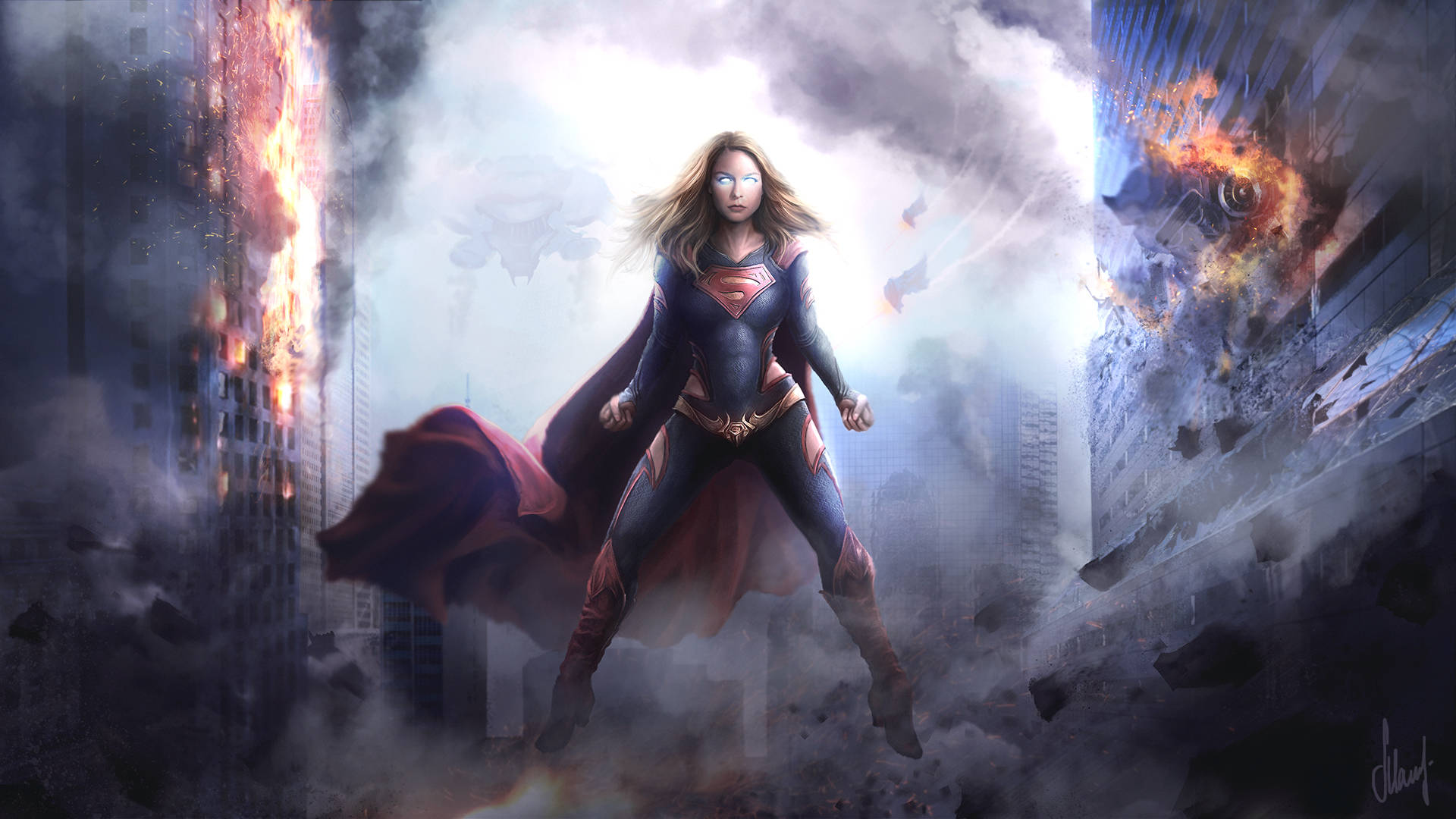Supergirl In Apocalyptic City Wallpaper