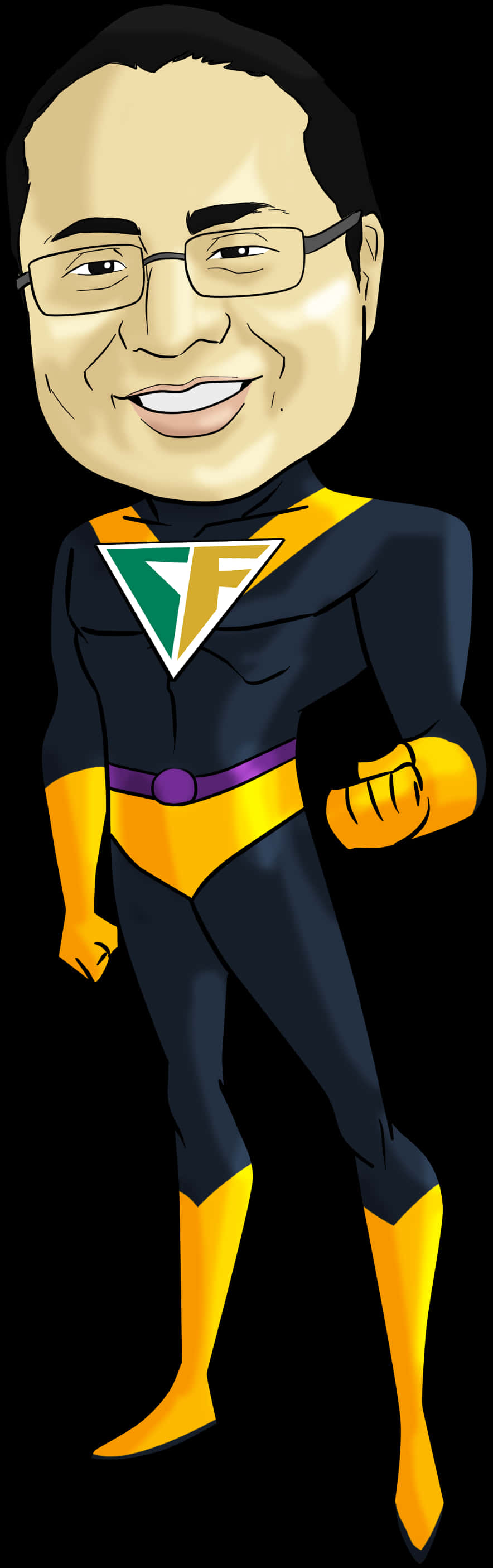 Superhero Caricature Manin Blackand Yellow Costume PNG