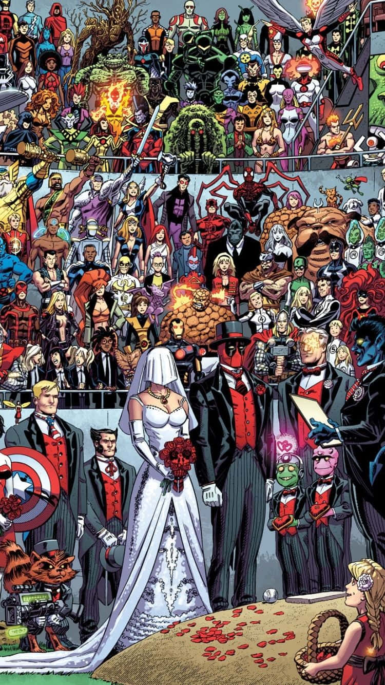 Bröllopetmellan Deadpool Superhjälten Collage Wallpaper