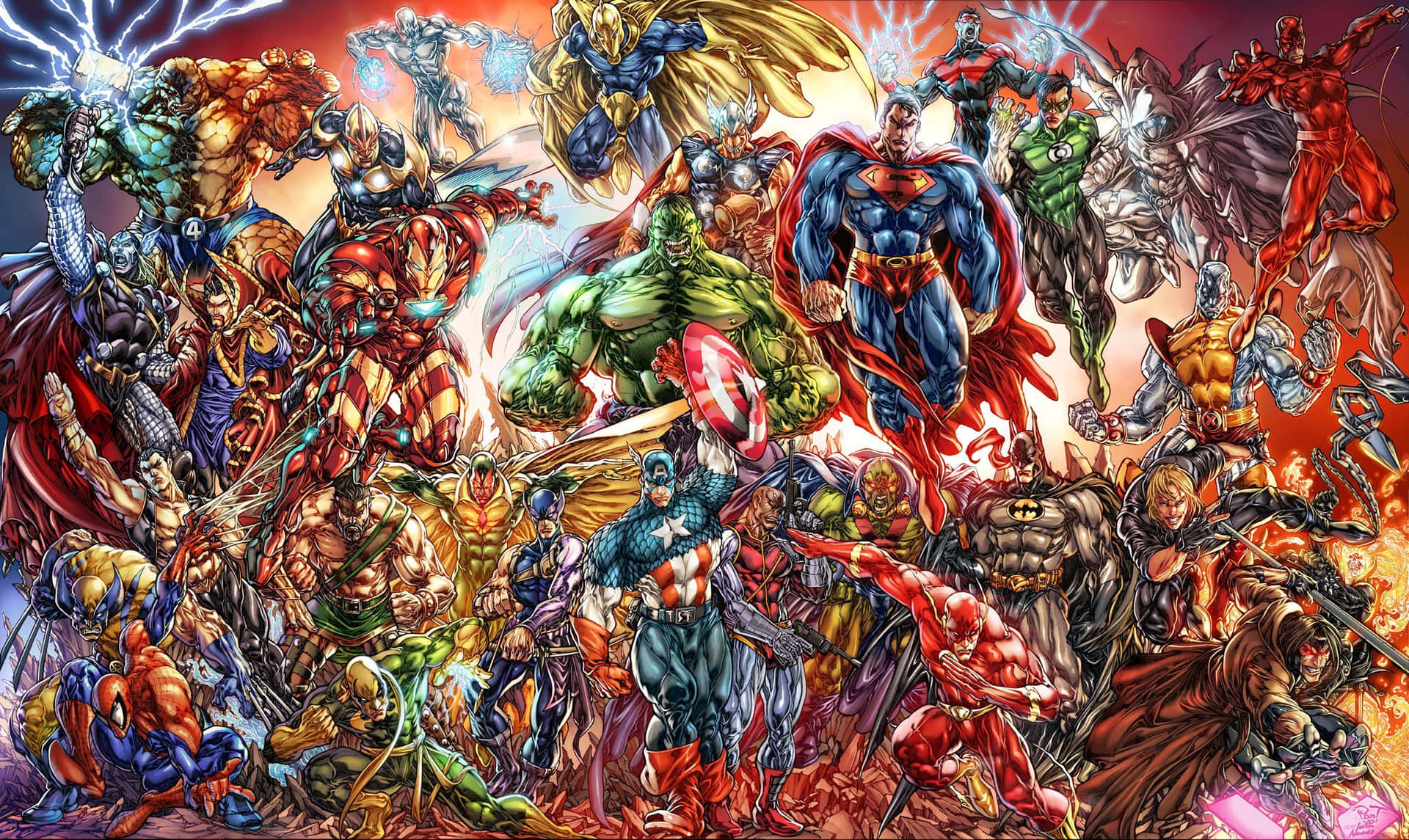 Crossover Of Marvel And DC Superhero Collage Wallpaper