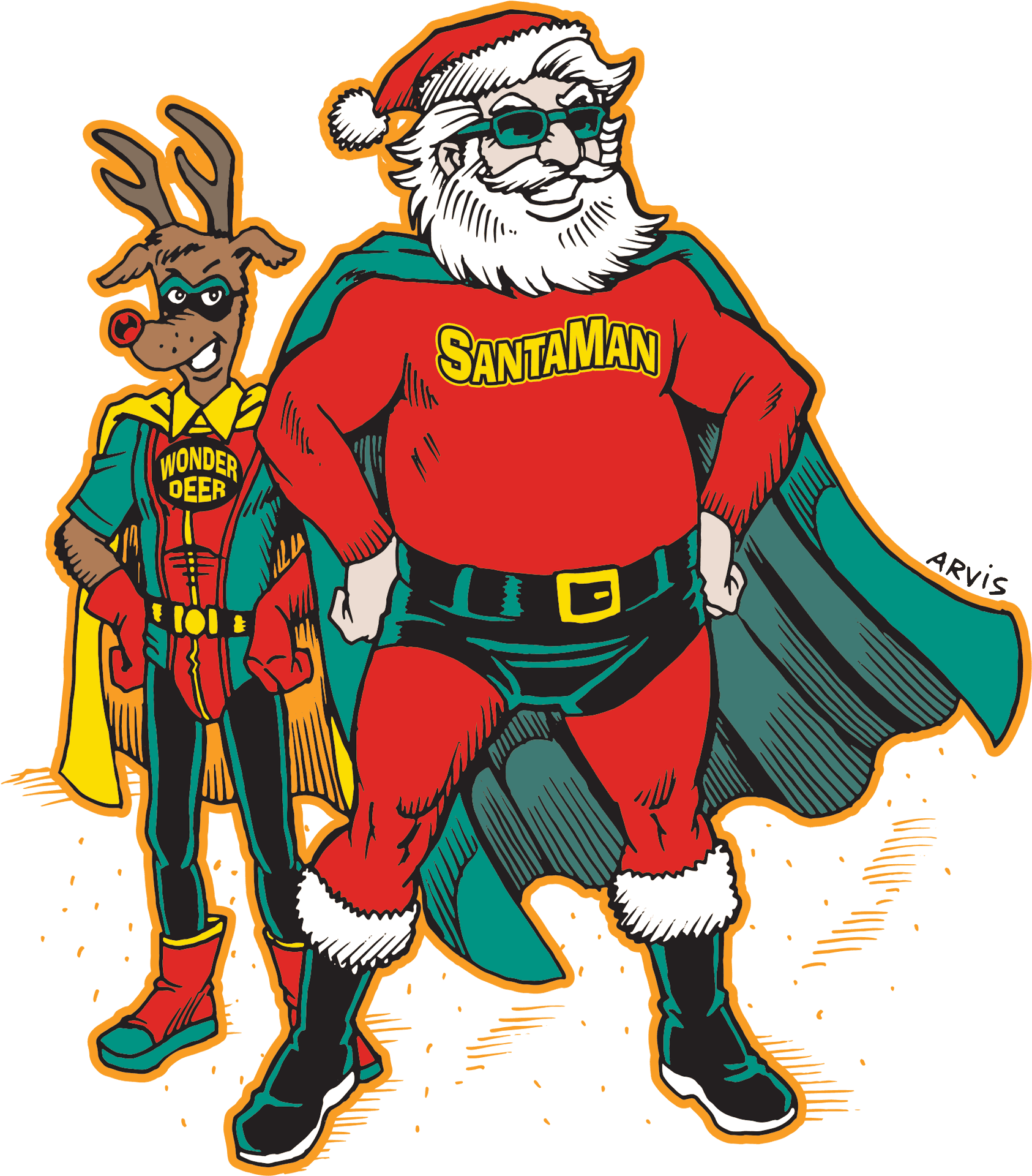 Superhero Santaand Sidekick Reindeer PNG