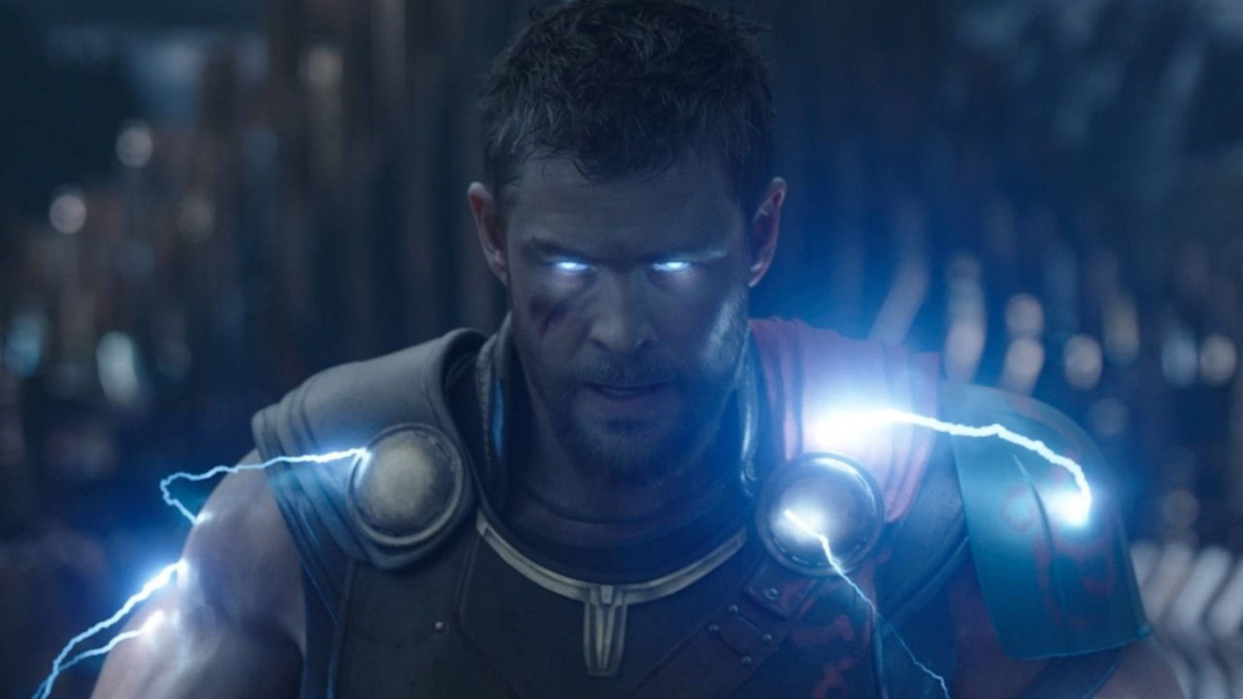 Superhero Thor Stormbreaker Costume With Blue Lit Eyes Background