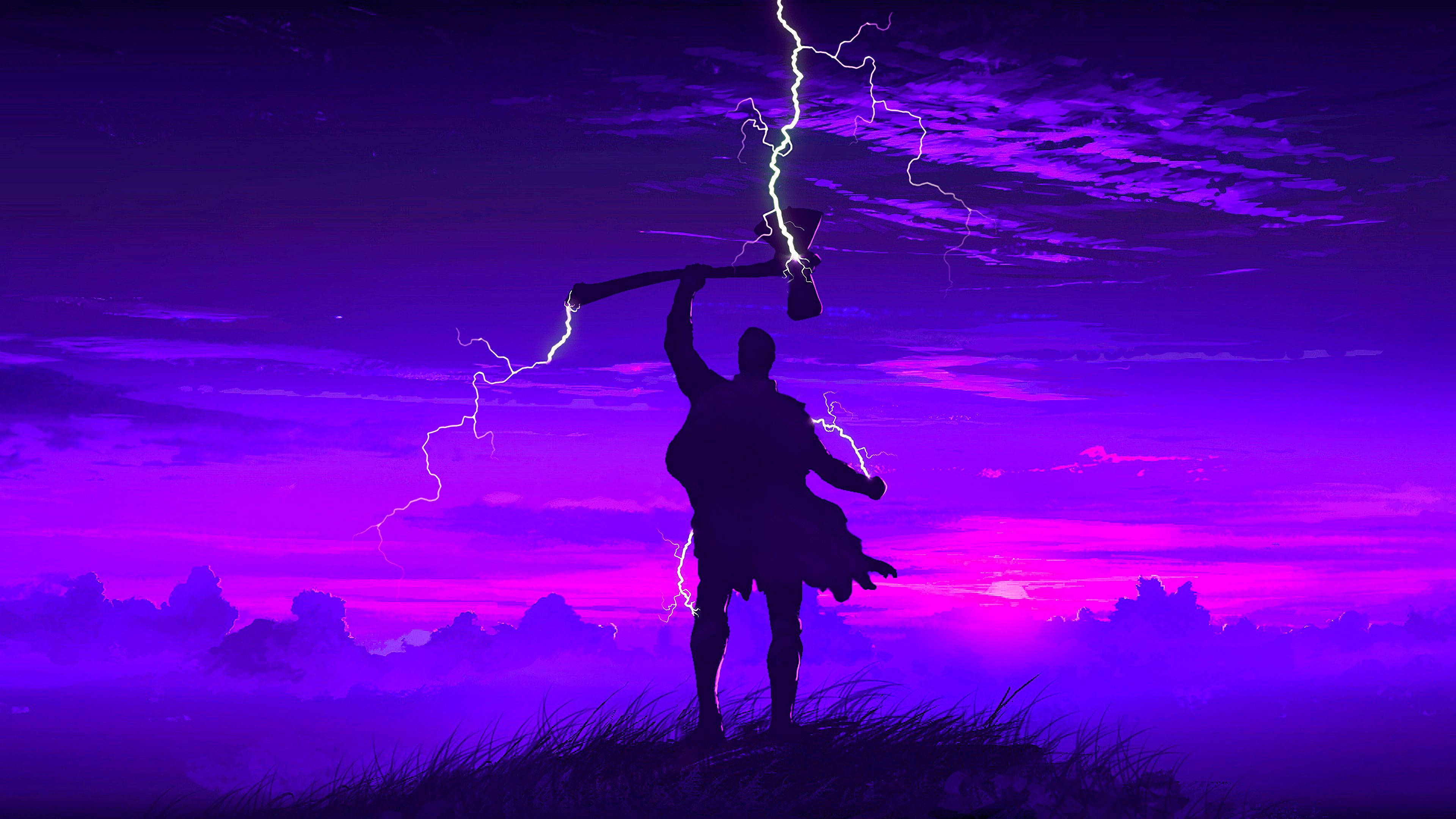 Superhero Thor Stormbreaker Silhouette Purple Aesthetic Sky Background