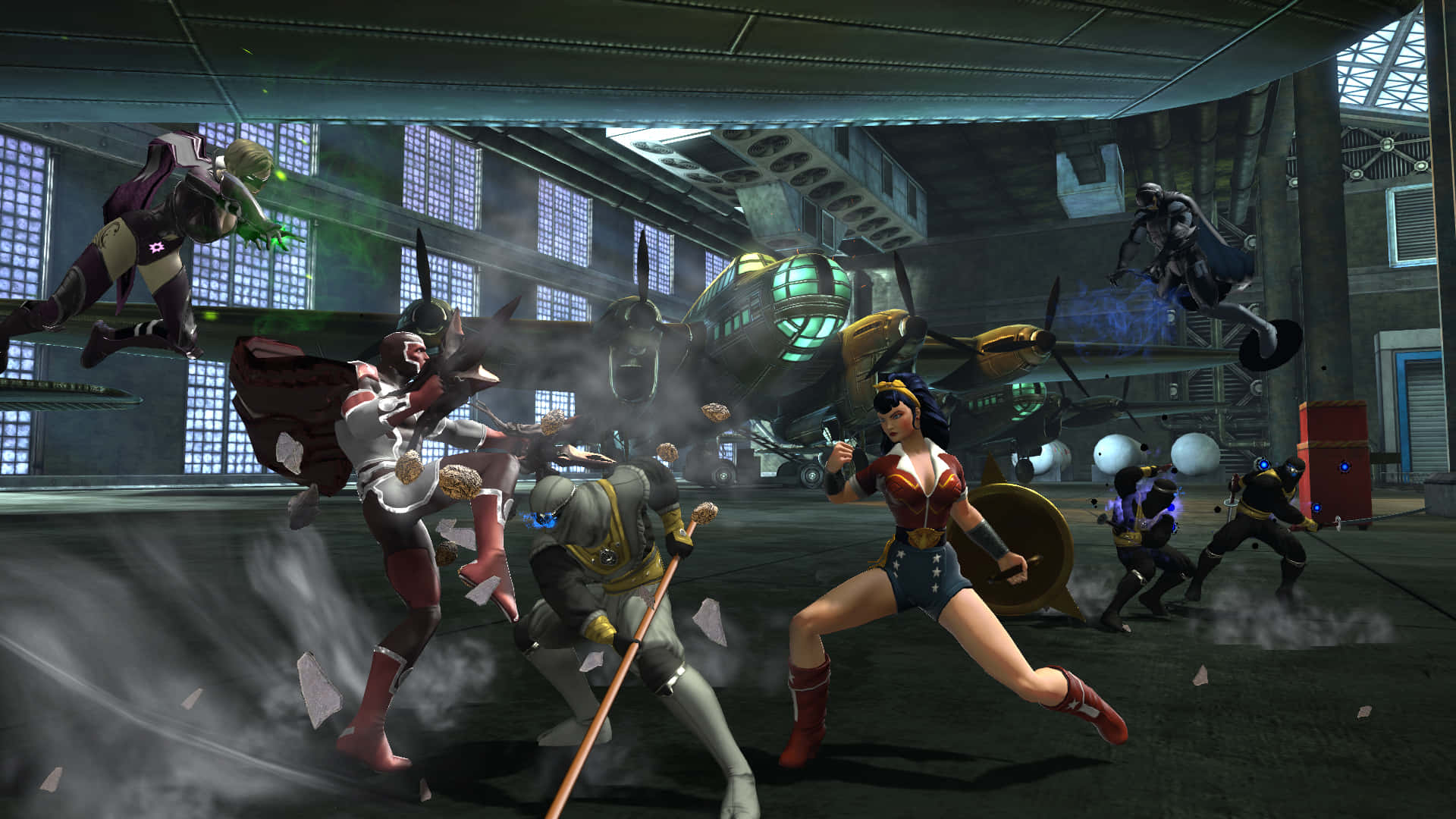 Intense superhero battle in a high-quality video game. Wallpaper