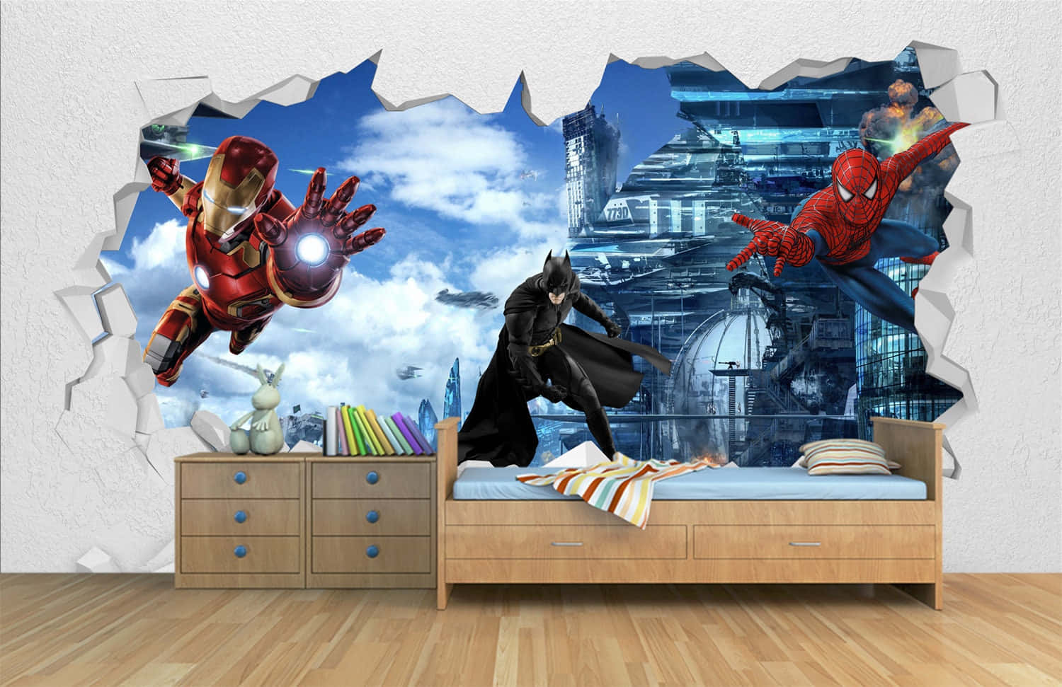 Superheroes Breaking Through Wall Wallpaper