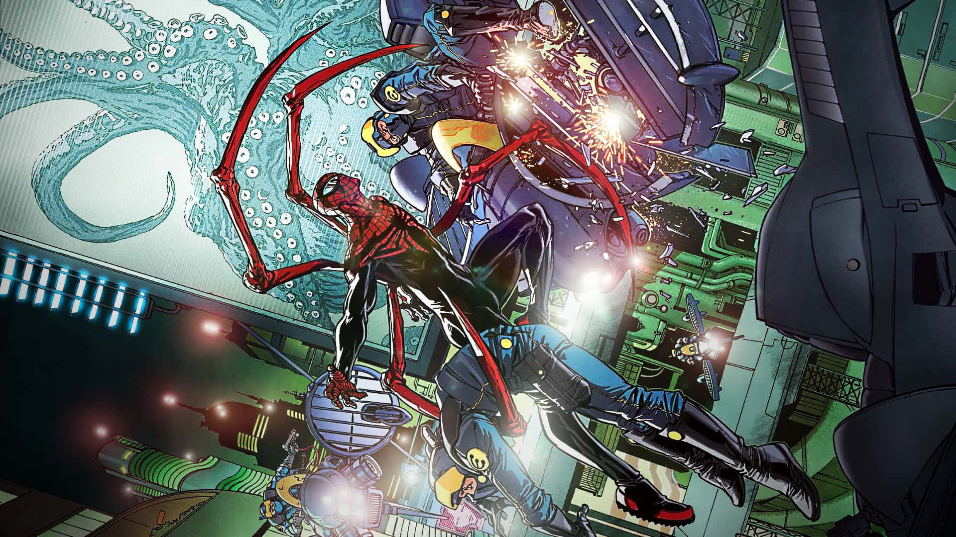 Superior Spider-Man Swinging Through The City Wallpaper