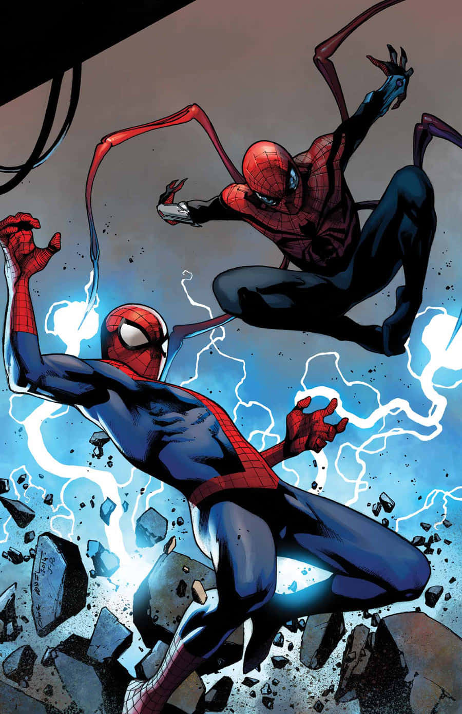 Superior Spider-Man striking a fierce pose in a vibrant action scene Wallpaper