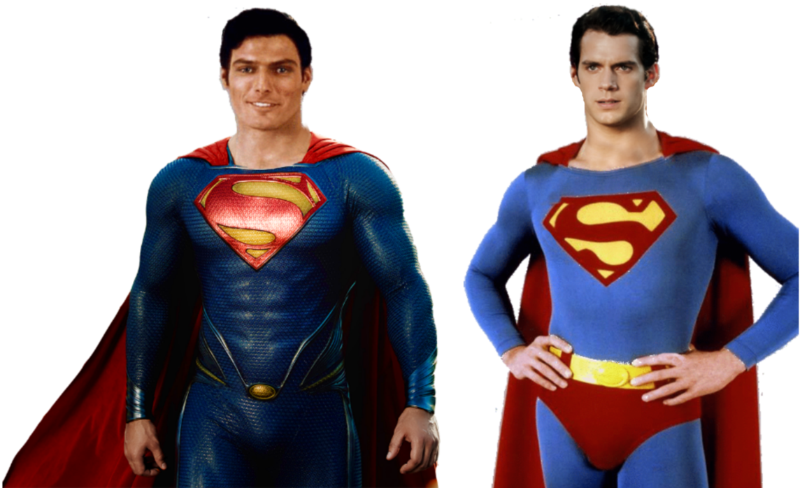 Superman_ Evolution_ Comparison PNG — Two Superman characters stand side by side in iconic blue and red costumes against a black background.