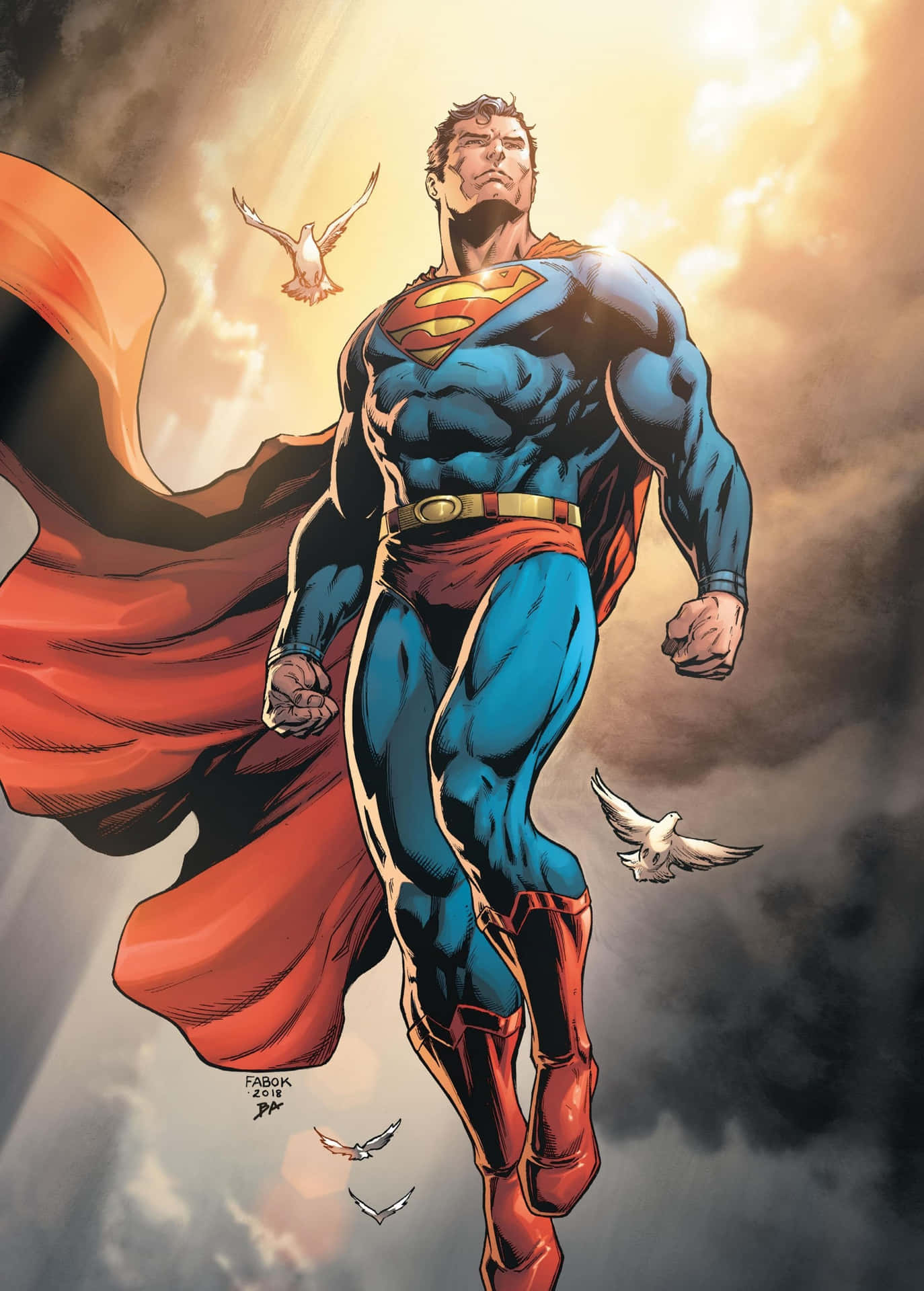 "Defender of truth, justice and the American way, Superman flies high above the city."
