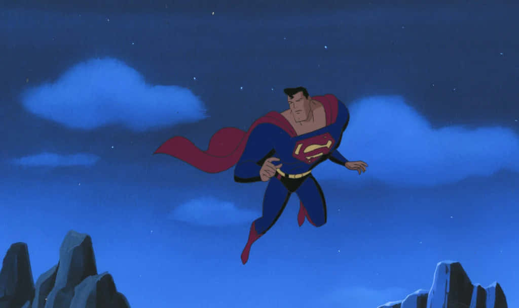 Superman soaring through the skies in Superman: The Animated Series Wallpaper