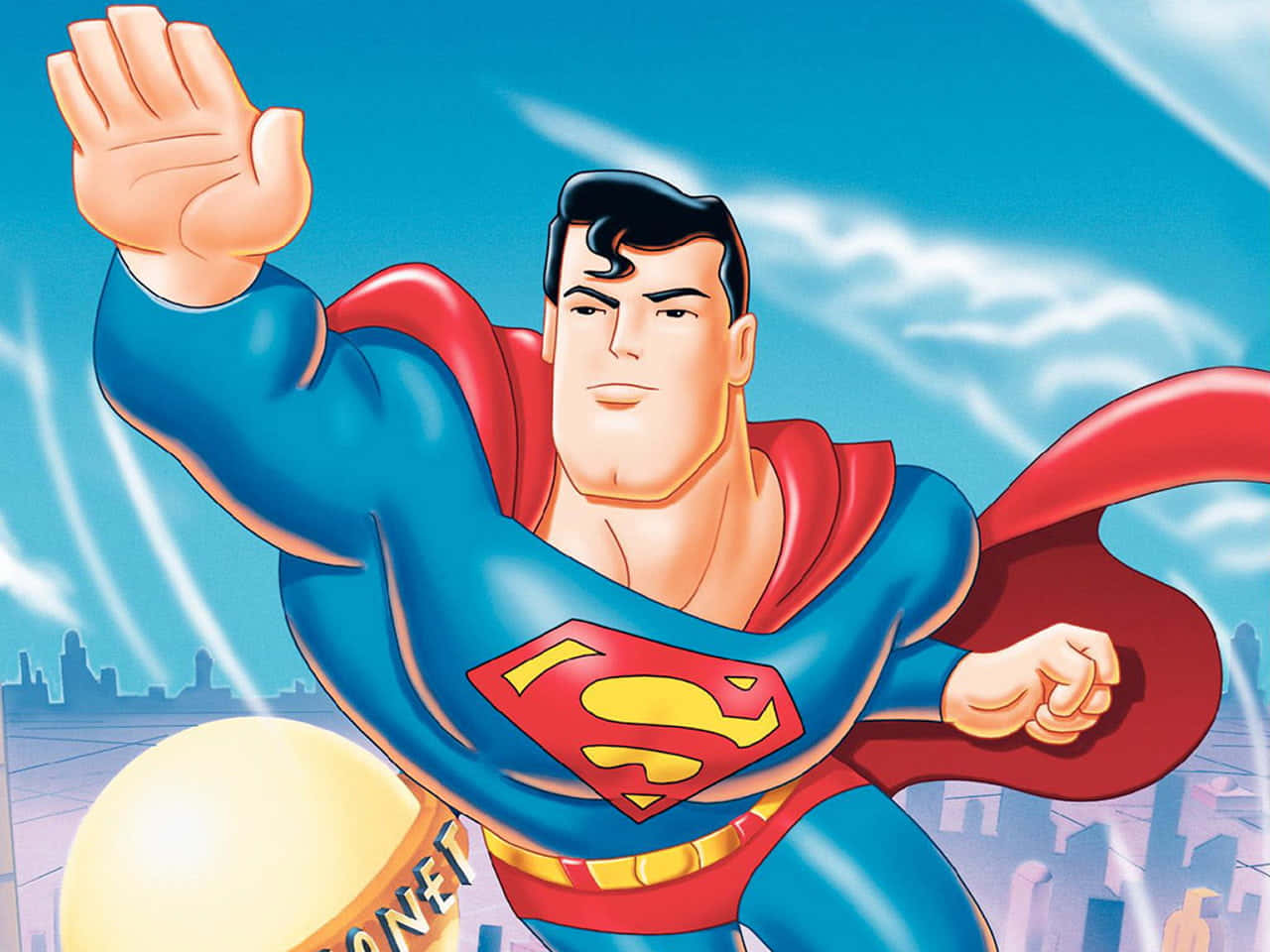Superman flying over Metropolis in Superman: The Animated Series Wallpaper