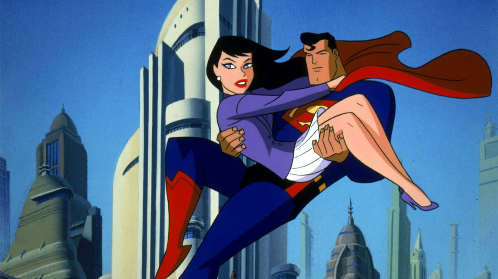 Superman soaring through the skies of Metropolis in Superman: The Animated Series. Wallpaper