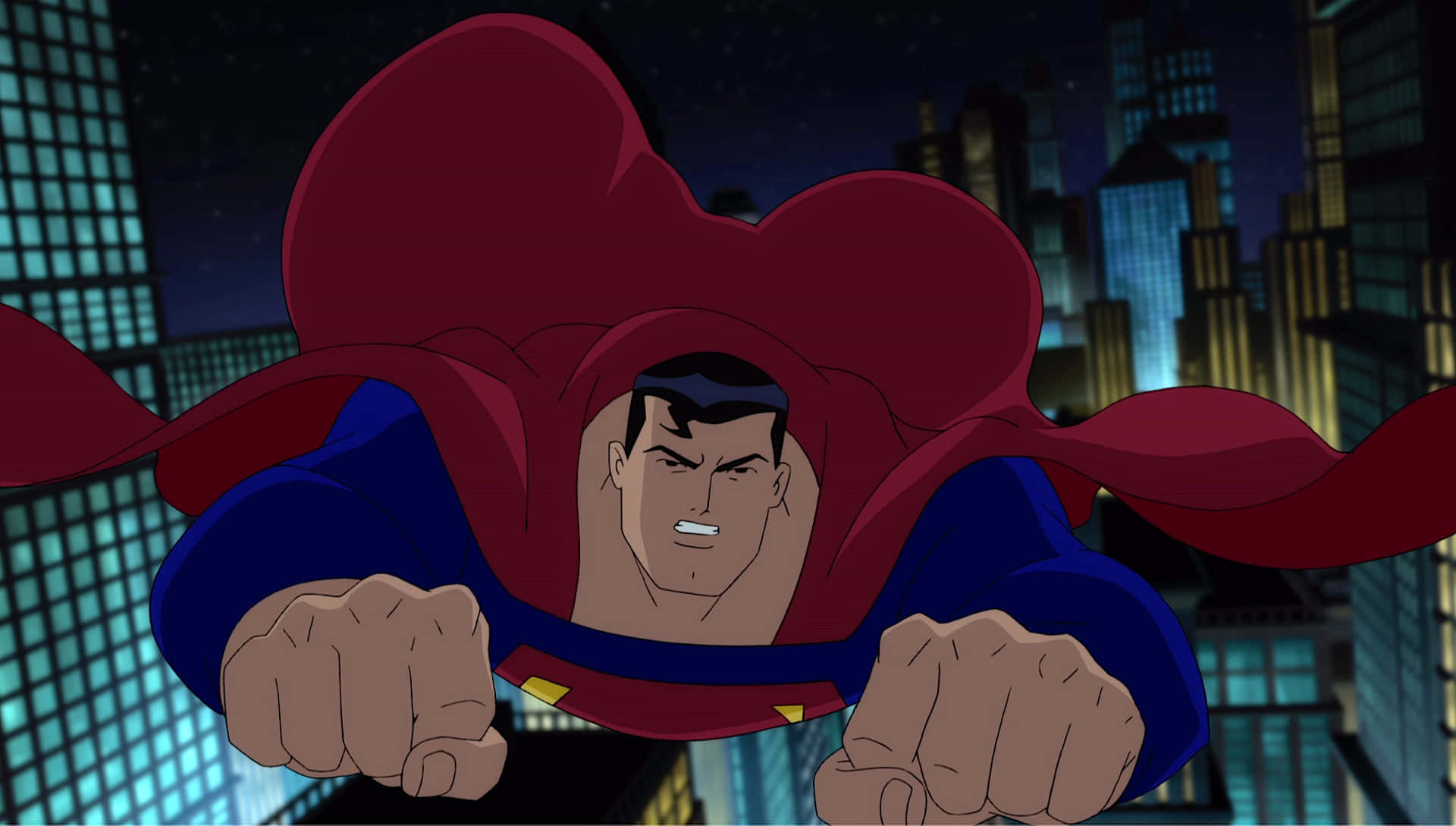Superman soars through the sky in Superman: The Animated Series Wallpaper