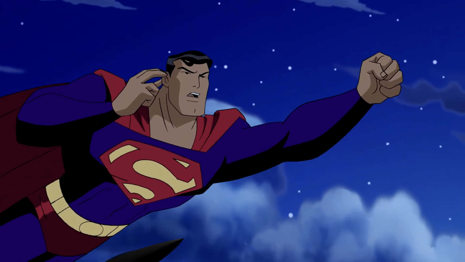 Superman soaring high in the sky in Superman: The Animated Series Wallpaper