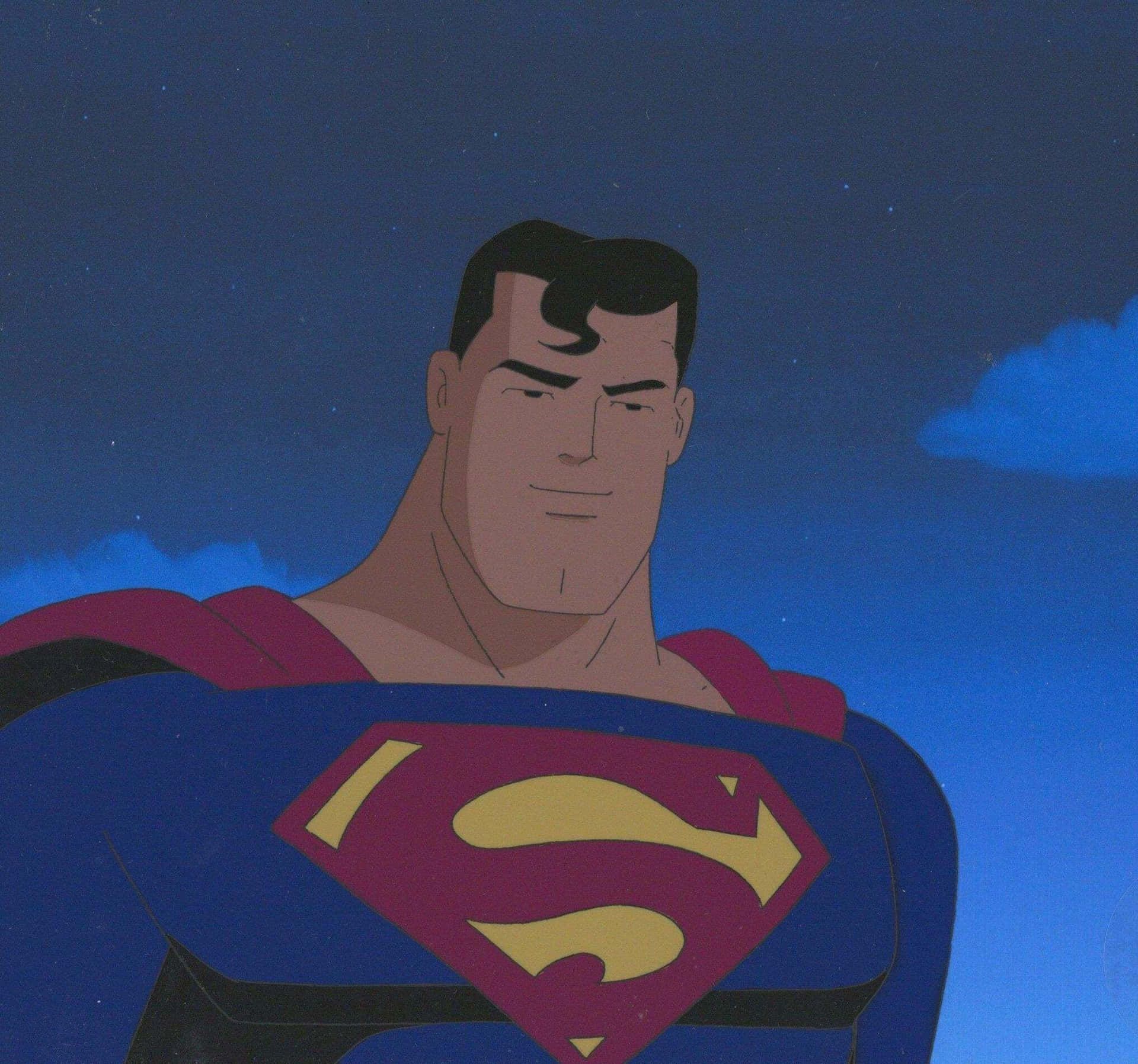 Superman flying above the city in Superman: The Animated Series Wallpaper