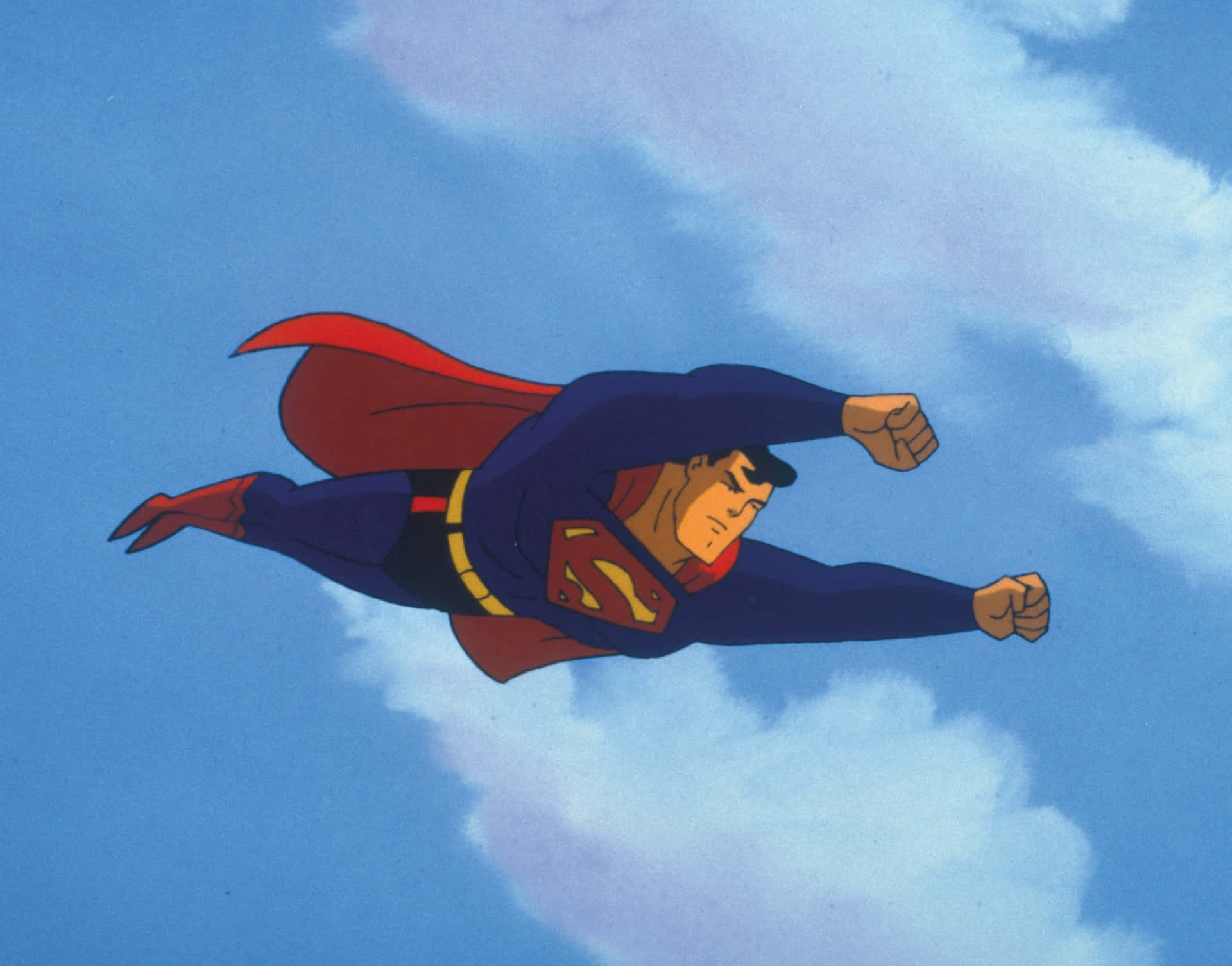 Superman flying high above Metropolis skyline in Superman The Animated Series Wallpaper