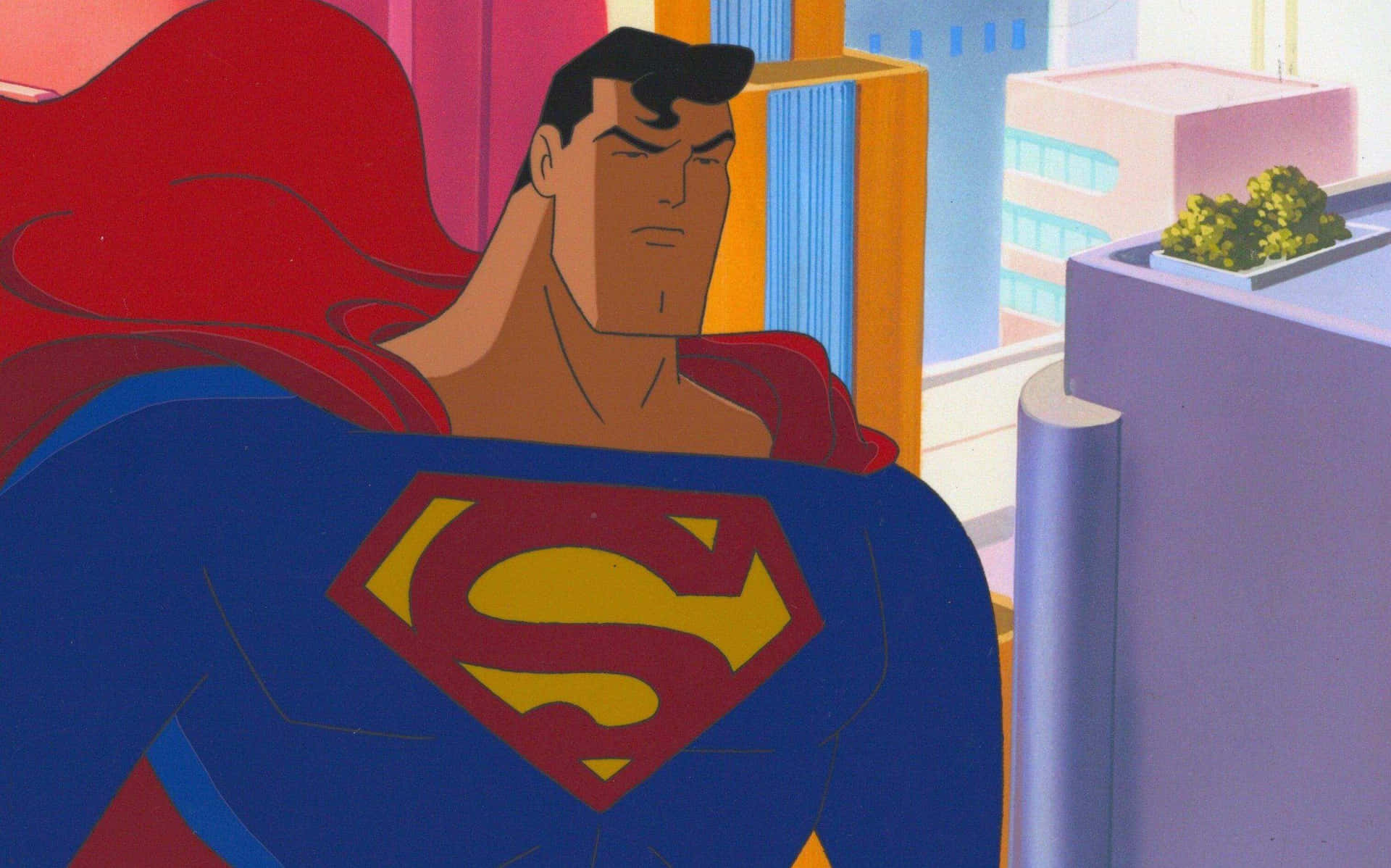 Superman flying high in Metropolis from Superman: The Animated Series Wallpaper