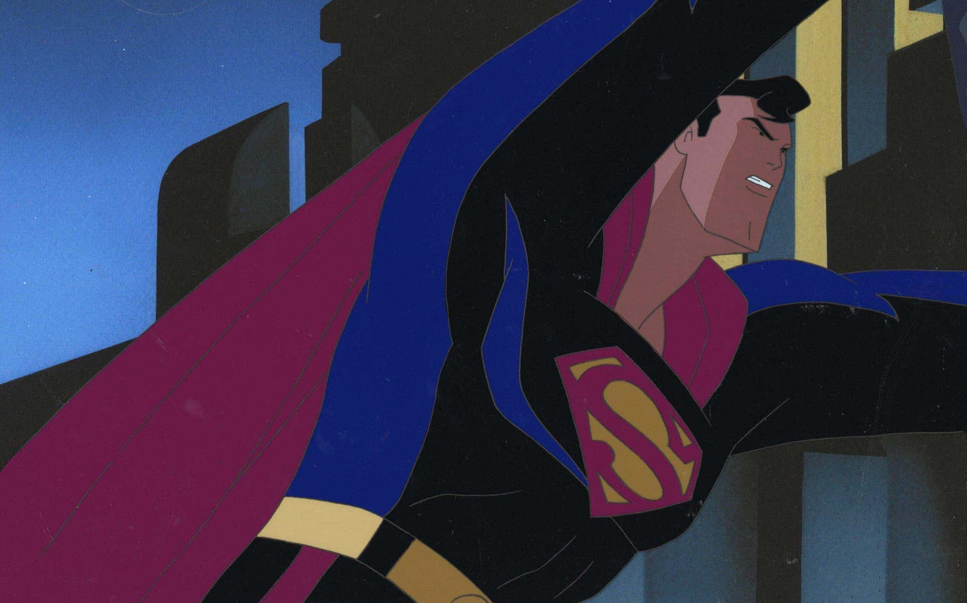 Superman soars through the skies of Metropolis in Superman: The Animated Series Wallpaper