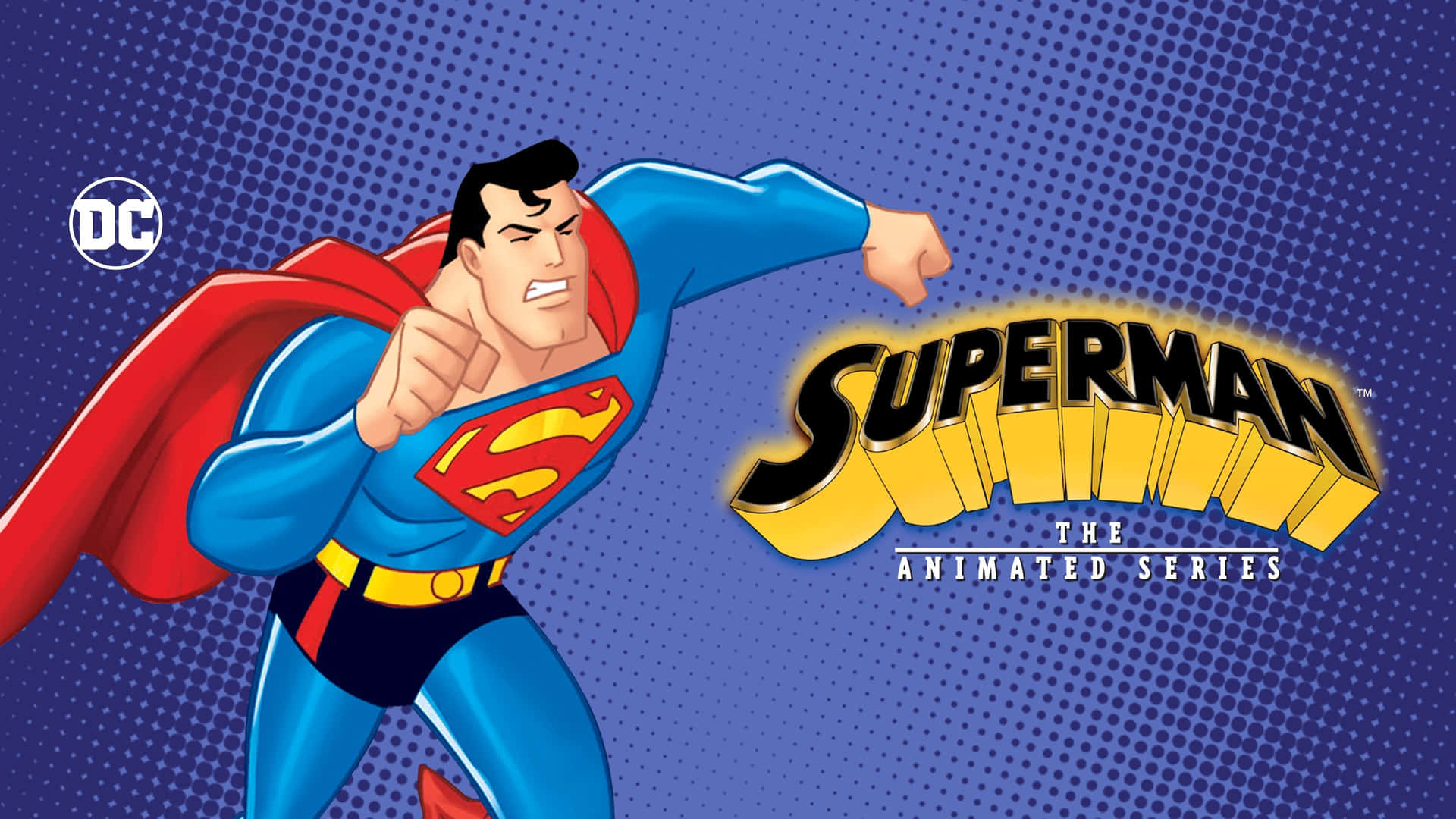Caption: Superman soaring high above the city in Superman: The Animated Series Wallpaper