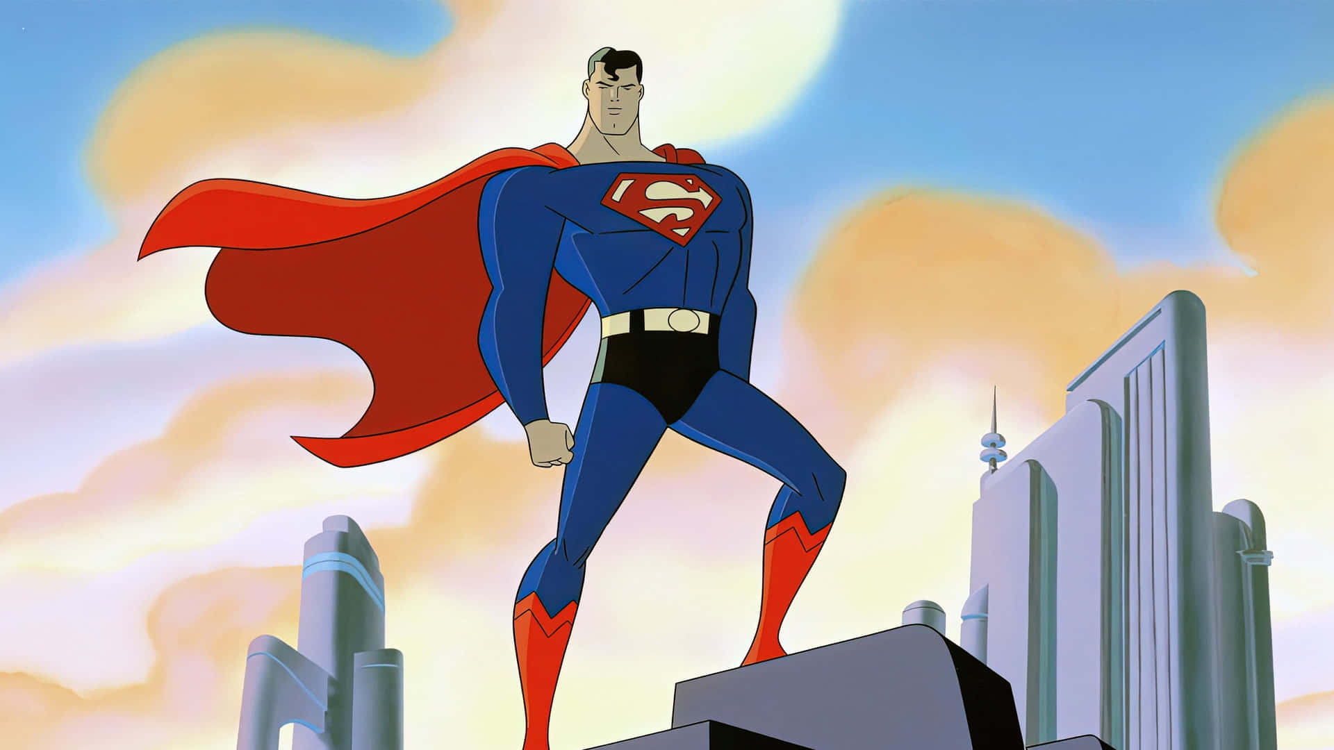 Superman Flying in the Sky with Metropolis in the Background Wallpaper