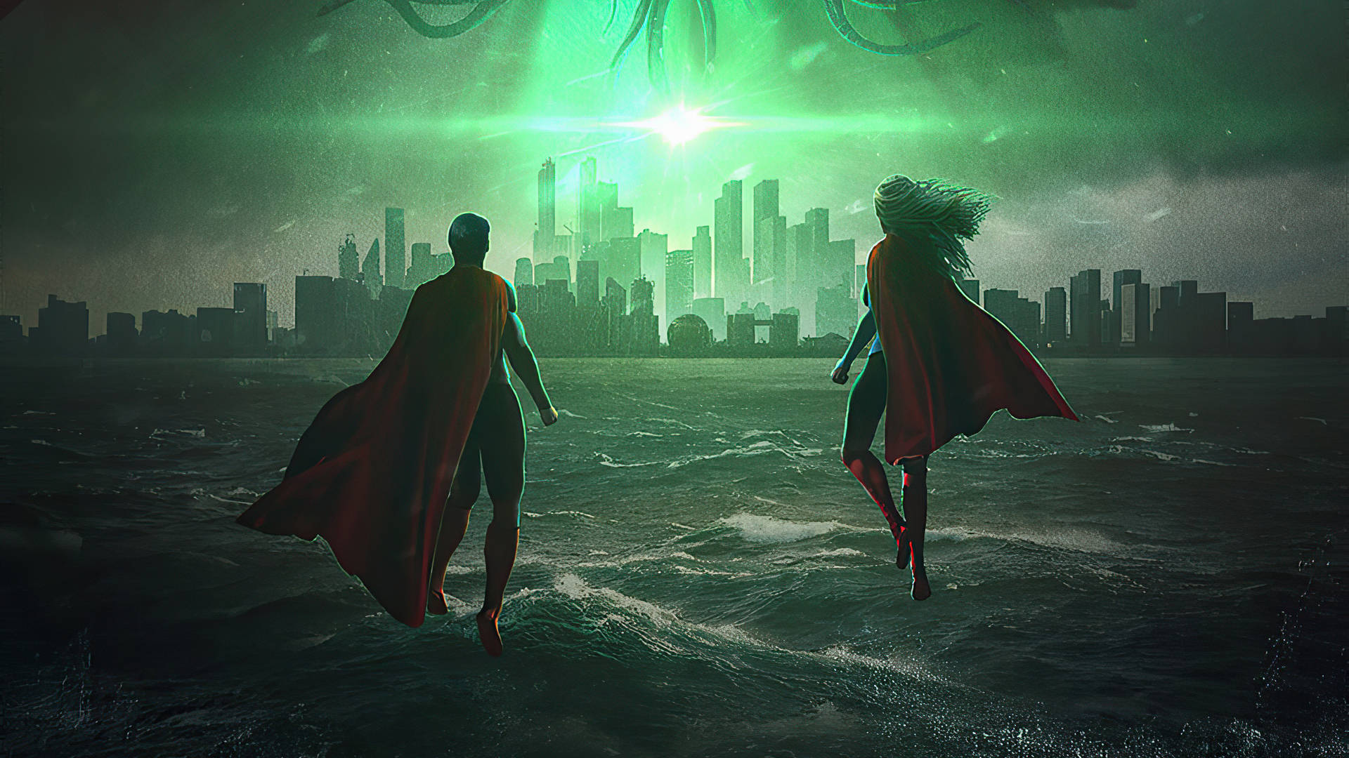 Superman With Supergirl Dc Superhero Scene Background