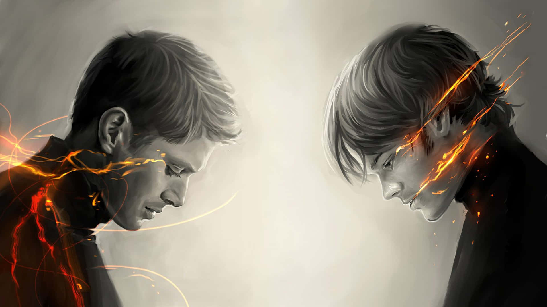 Two Men With Fire On Their Faces Wallpaper