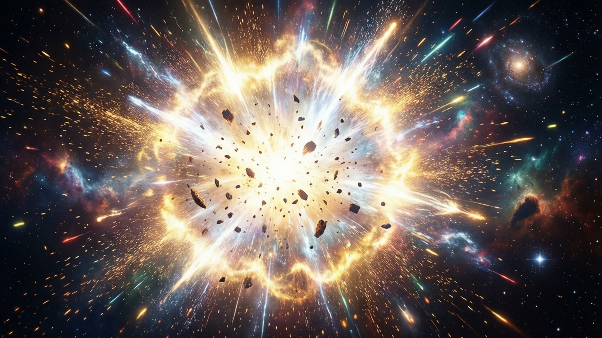 En lysande supernovaexplosion med expanderande chockvågor och färgglada skräp.