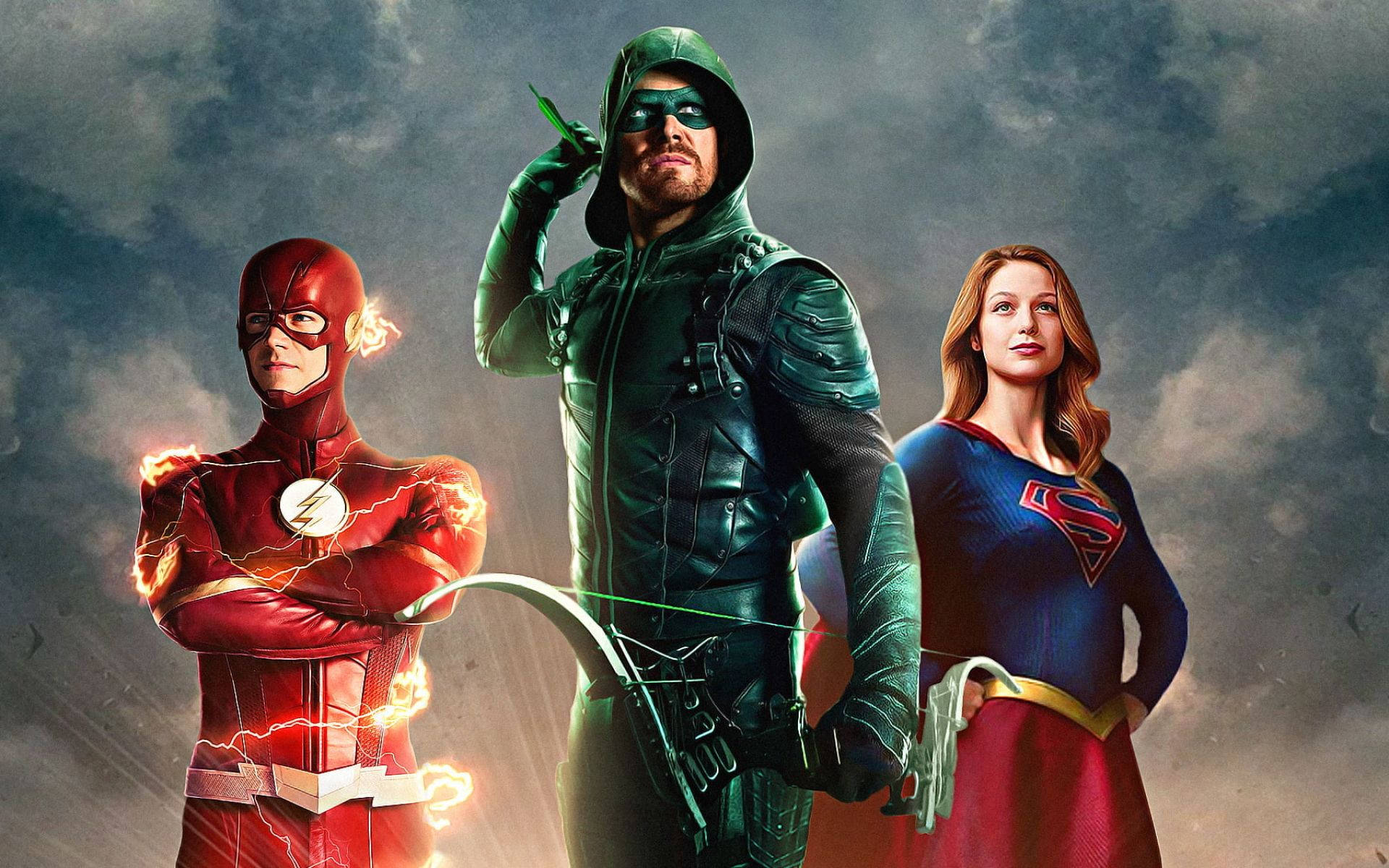 Superwomanmit Flash Und Green Arrow. Wallpaper